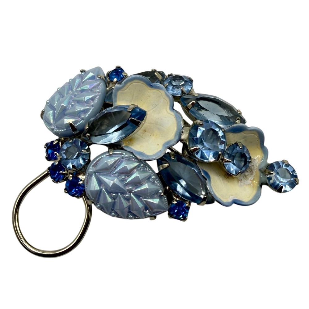 Vintage Blue Rhinestone Enamel Flower Brooch Scarf Clip Silver Tone Floral Pin